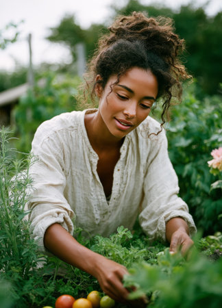 Woman collecting fresh produce from her thriving vegetable patchの素材