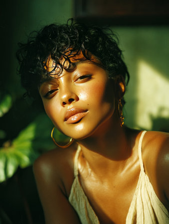 Young woman with glowing skin and curly hair posing in natural lightの素材