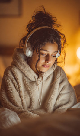 Young woman wearing headphones enjoying music or podcast in a cozy bedroomの素材