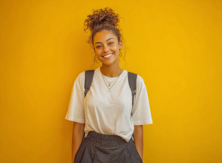 Woman with curly hair smiling and carrying a backpack against a vibrant yellow wallの素材