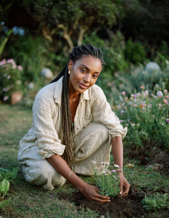 Woman gardening, smiling while planting flowers in a beautiful outdoor settingの素材