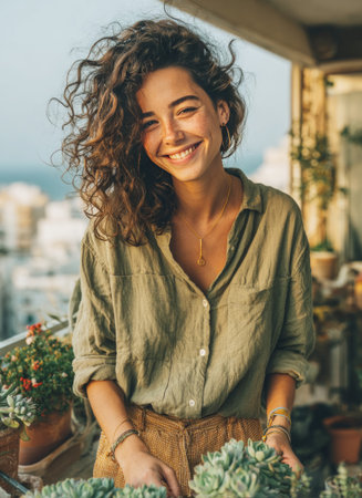 Happy woman with curly hair and freckles enjoying gardening on a balconyの素材