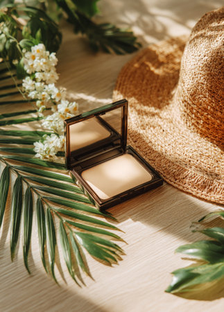 Compact face powder and a straw hat with tropical plants on a wooden tableの素材