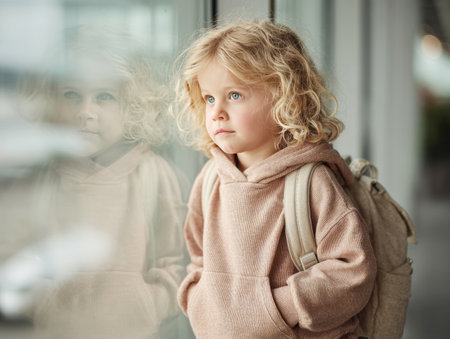 Young child with blond curly hair and backpack standing by a window, reflectingの素材