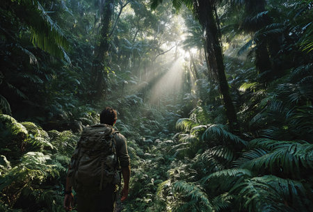 Man with backpack walking into deep tropical forest with sunlight piercing canopyの素材