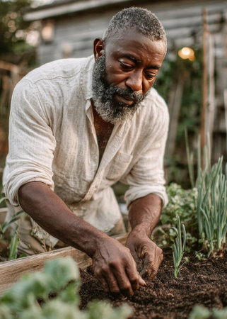 Mature man gardening, planting green seedlings in rich soil, enjoying outdoor hobbyの素材