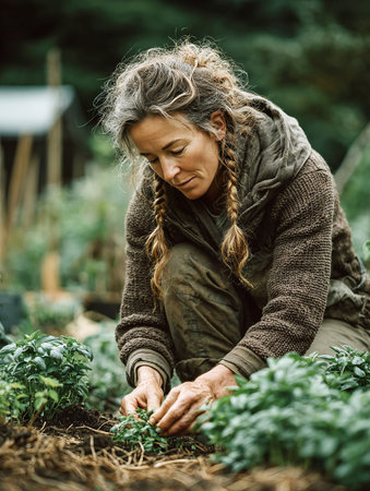 Woman tending young basil plants in a garden, focusing on sustainable livingの素材
