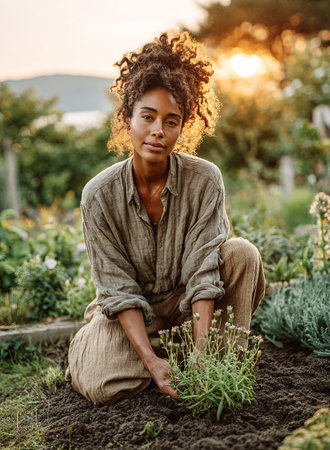 Woman planting new flowers in rich soil, connecting with nature in glowing golden lightの素材