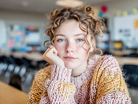 Thoughtful young woman with curly hair resting head on hand in school classroomの素材