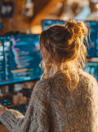 Woman developer concentrating on coding work in front of multiple computer monitorsの素材