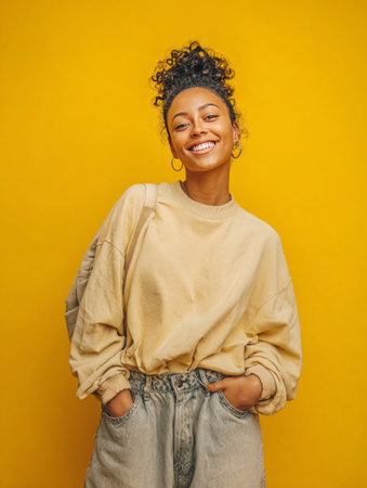 Cheerful young woman with curly hair smiling and looking at cameraの素材