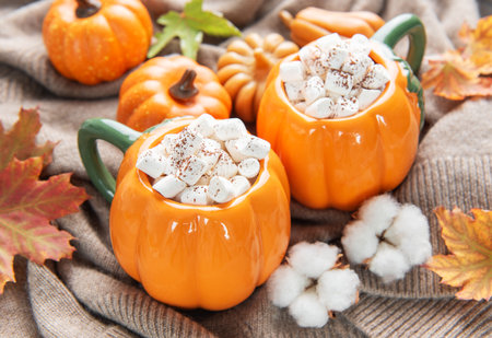 Hot chocolate with marshmallows in pumpkin mugs on a cozy knitted sweater with autumn leavesの写真素材