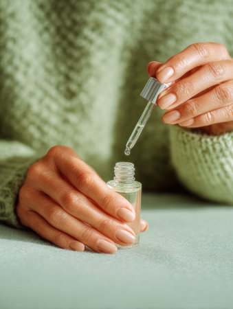 Woman hands applying beauty serum from a dropper bottle for skin and nail careの素材