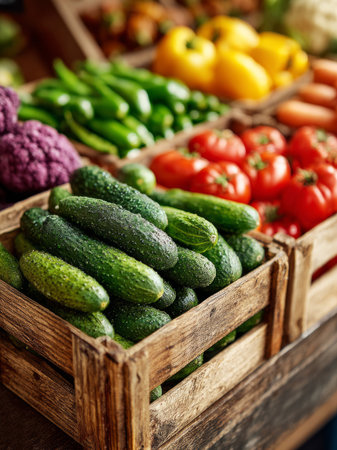 Healthy organic vegetables filling wooden crates at a farmers marketの素材