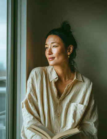 Young asian woman looking out window, holding book, enjoying peaceful moment and natural lightの素材