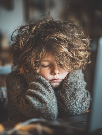 Young boy resting his head, closing eyes while wearing a cozy sweater at homeの素材