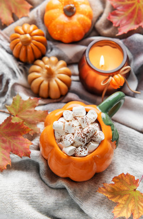 Pumpkin mug with hot cocoa and marshmallows on a cozy blanket with autumn leaves and candleの写真素材
