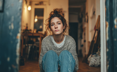 Young woman looking thoughtfully while relaxing at homeの素材