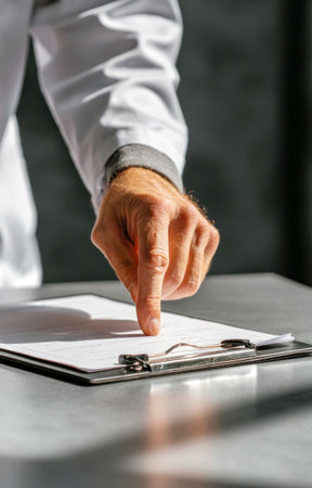 Doctor's hand pointing at important information on a medical report clipboardの素材