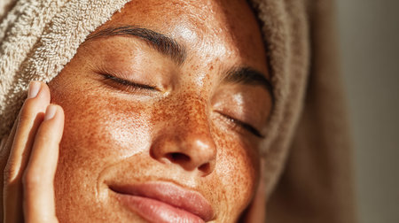 Woman touching her cleansed face with eyes closed, relaxing after a skincare treatmentの素材