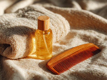 Hair oil bottle, wooden comb, and towel on natural fabric in sunlightの素材