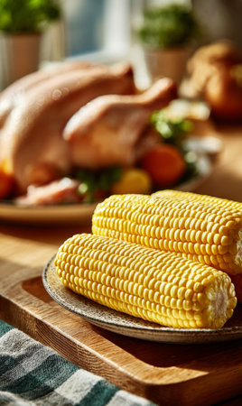 Fresh corn on the cob ready for a holiday dinner next to a roasted poultry mealの素材