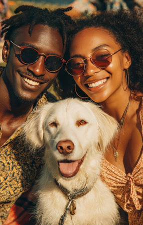 Black couple wearing sunglasses smiling with their pet dog outdoorsの素材