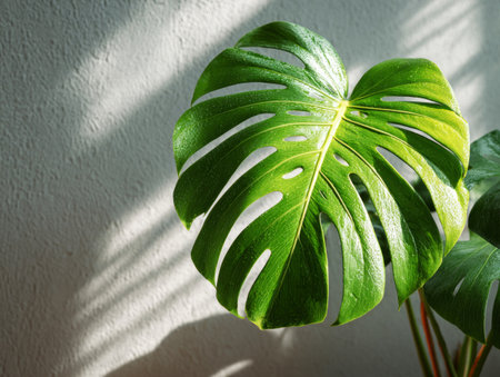 Monstera leaf casting shadows on gray wall, reflecting tropical natureの素材