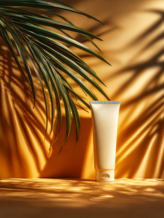 Unbranded cosmetic tube standing on a surface with palm leaf shadows on a warm backgroundの素材