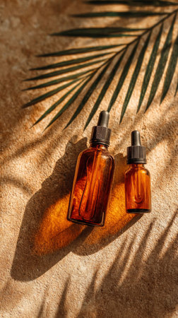 Brown glass dropper bottles on a textured surface with palm leaf shadows focusing on natural essenceの素材
