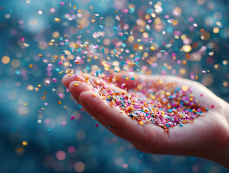 Human hand catching vibrant confetti sprinkles falling against a blurry backgroundの素材