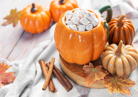 Pumpkin mug with hot chocolate and marshmallows on plaid blanket, surrounded by fall decorationsの写真素材