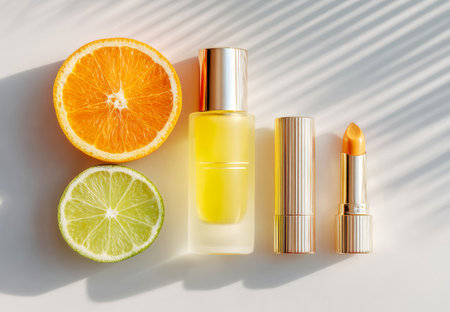 Skincare serum and lipstick with orange and lime slices casting shadows on white backgroundの素材