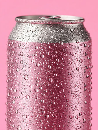 Cold aluminum beverage can covered in condensation on a pink backgroundの素材