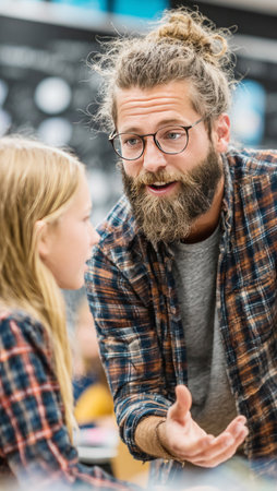 Male teacher with a beard and glasses talking to a female studentの素材