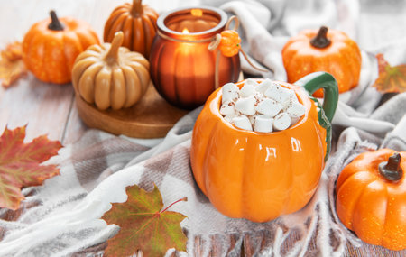 Pumpkin shaped mug filled with hot cocoa and marshmallows on a plaid blanket with autumnal decorの写真素材