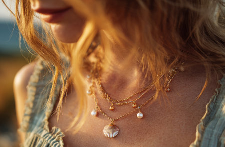 Woman wearing layered golden necklaces with a shell pendant and pearls during golden hourの素材