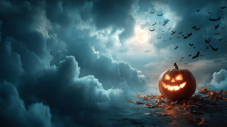 Jack o' lantern smiling, illuminating fallen leaves on ground under a cloudy night skyの素材