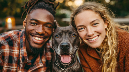 Interracial couple and their pet dog smiling at the camera outdoorsの素材