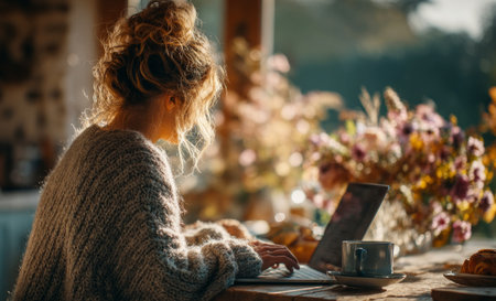 Woman typing on laptop at a sunlit wooden table with coffee and croissantsの素材