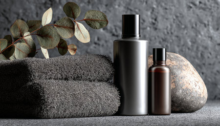 Grooming bottles, rolled towels, a stone, and eucalyptus creating a wellness conceptの素材