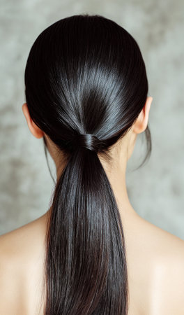 Woman displaying a neat ponytail highlighting smooth, shiny, and strong dark hairの素材