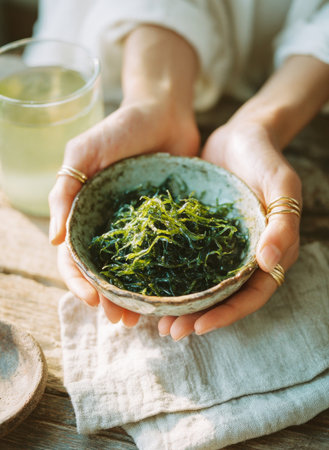 Female hands holding a rustic bowl filled with fresh green edible seaweed, promoting healthy eatingの素材