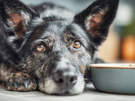 Brindle dog resting head on floor, looking up with big eyes next to a food bowlの素材