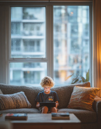 Young boy sitting on a couch, engrossed in a digital tablet, screen glowingの素材