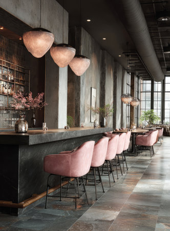 Modern bar and restaurant interior design featuring a dark counter and pink velvet chairsの素材