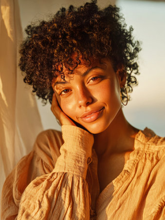 Young woman smiling while enjoying sunlit serene momentの素材