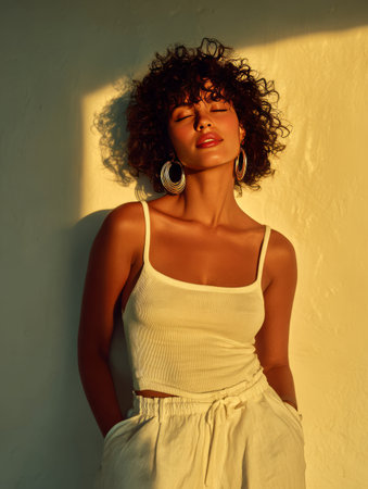 Woman with curly hair posing enjoying warm sunlight against a wallの素材