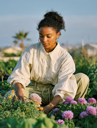 Woman tending purple and orange flowers in a sunny outdoor fieldの素材