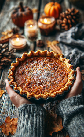 Hands holding a freshly baked pumpkin pie dusted with powdered sugar, surrounded by autumn decorationsの素材